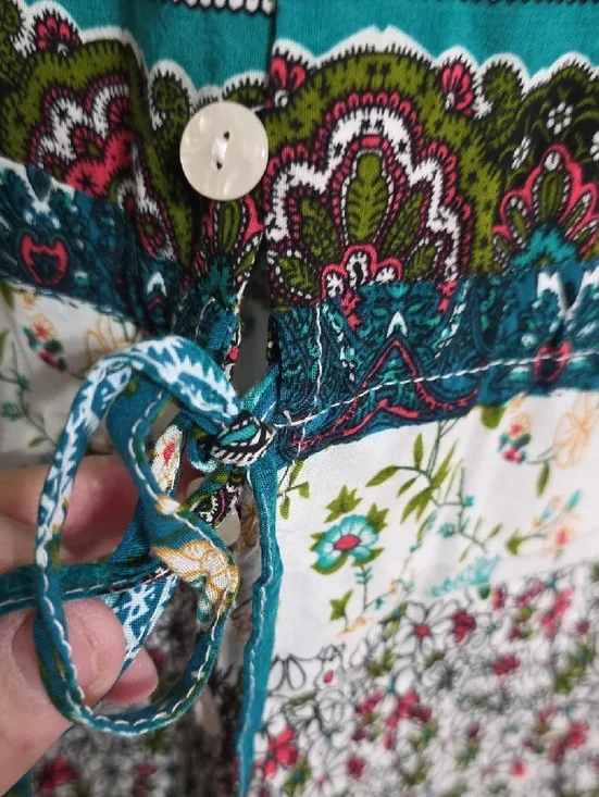 R. Vivimos Womens Dress Buttons Front Slit Teal Floral Tab Sleeves Sz M 8/10 EUC - Picture 7 of 13